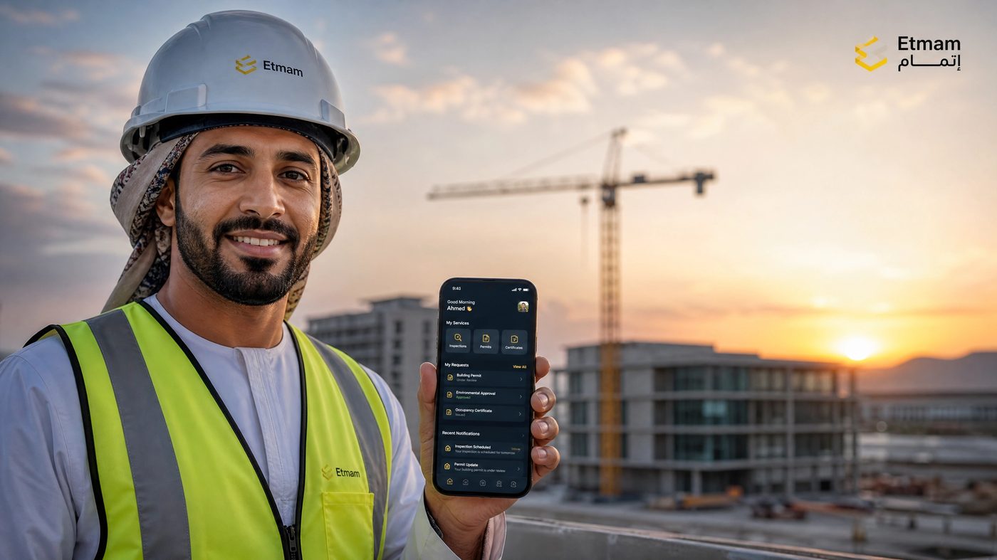 Engineer using the Etmam app on a construction site in Oman